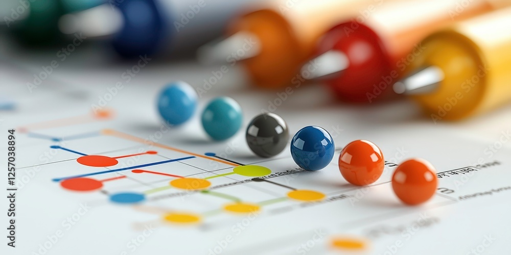 Poster colorful spheres on line graph represent sales trends over months, with pens in background. image co