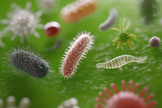 Colorful Microorganisms Under Microscope on Green Background