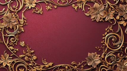 Luxurious Indian wedding invitation design with intricate gold and maroon patterns, featuring traditional motifs like peacocks, paisleys, and floral designs. 