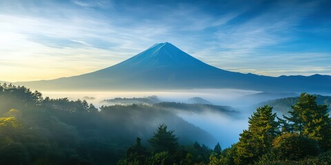 Fototapeta premium A peaceful mountain peak surrounded by mist and ethereal light.