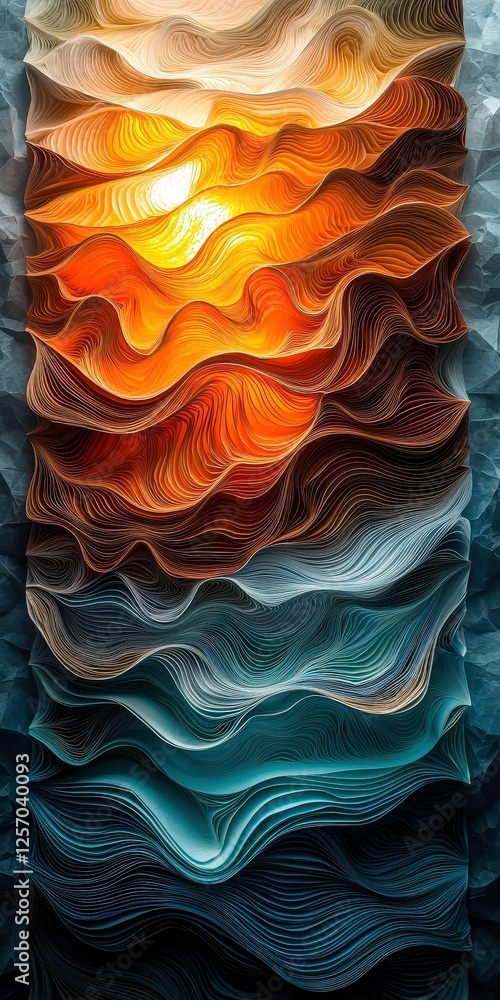 Poster mesmerizing layered wave design resembling folded paper, with warm and cool tones blending harmoniou
