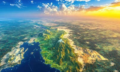 Aerial view of mountain range at sunset, coastal landscape, scenic background, travel, nature