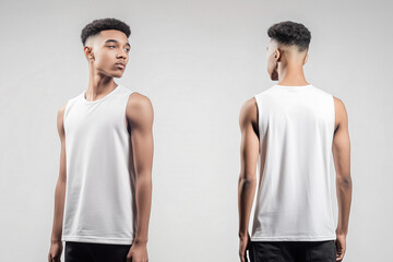 man wearing a white sleeveless t-shirt tank top mockup front and back used as a design template