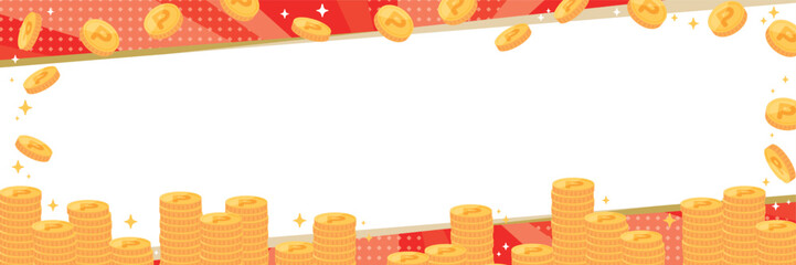 積み上がったポイントコインとスタイリッシュな背景バナーイラスト（赤）