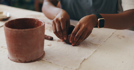 Hands, molding and person with clay in workshop for artistic process, design or production. Creative, sculpting and ceramist working on pottery ceramic piece for startup business with manufacturing.