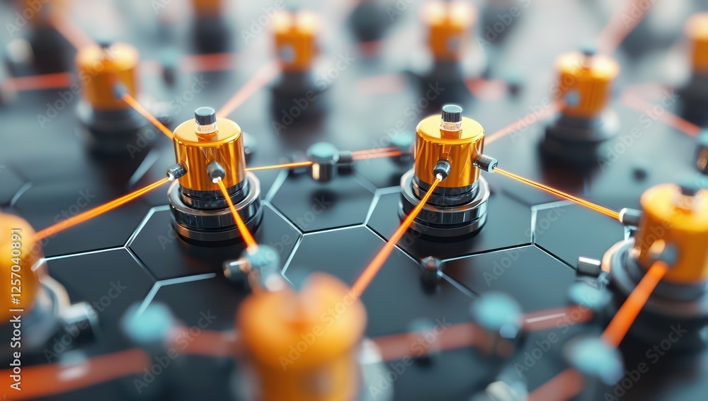 Poster blockchain infrastructure expanding through structured luminous nodes, representing digital finance 
