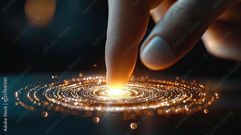 Poster finger gently touches glowing surface, creating ripple effect of golden light and particles, symboli