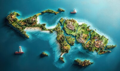 Obraz premium Aerial view of tropical island, lush vegetation, coastal towns, ships at sea, tourism