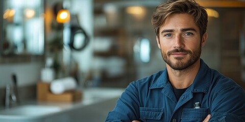 Professional Plumber in Blue Uniform Smiling in Modern Bathroom with Soft Natural Light