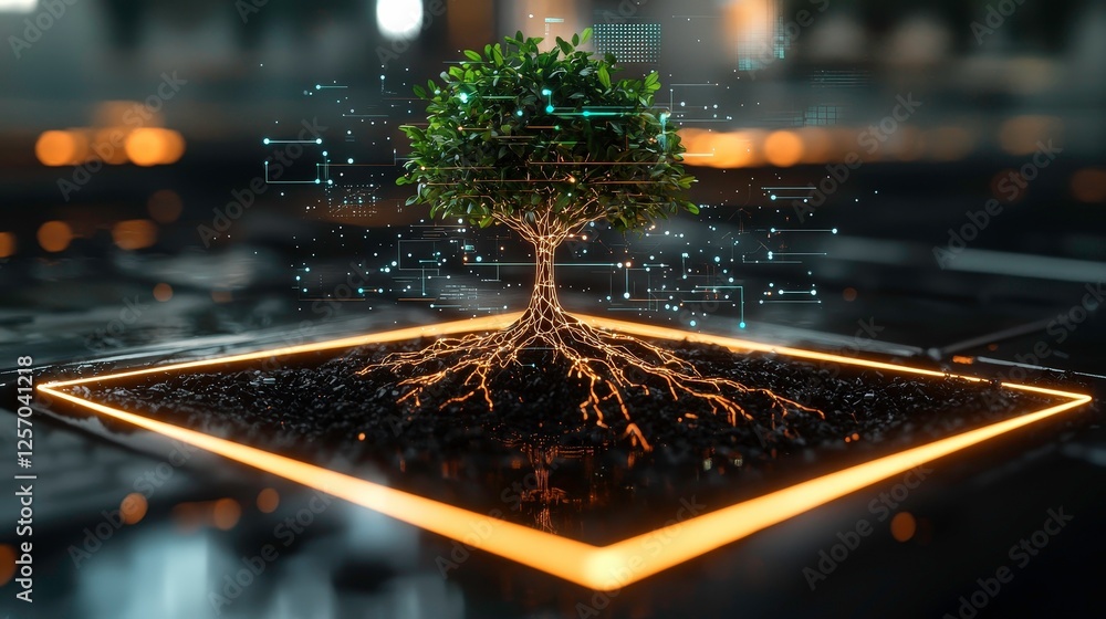Poster digital tree of life with glowing roots and branches, symbolizing technology and nature integration.