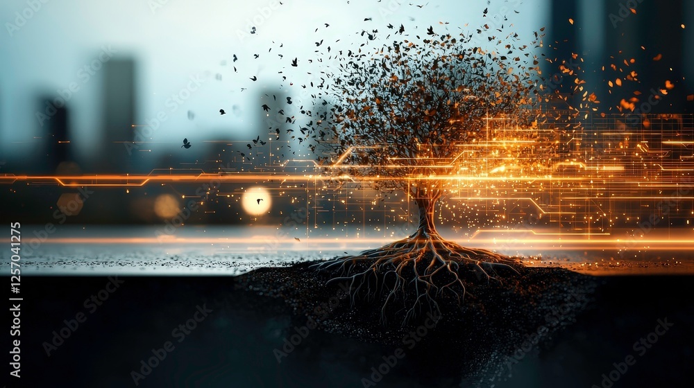 Poster digital tree of life with intricate roots and glowing branches symbolizes connectivity and growth in