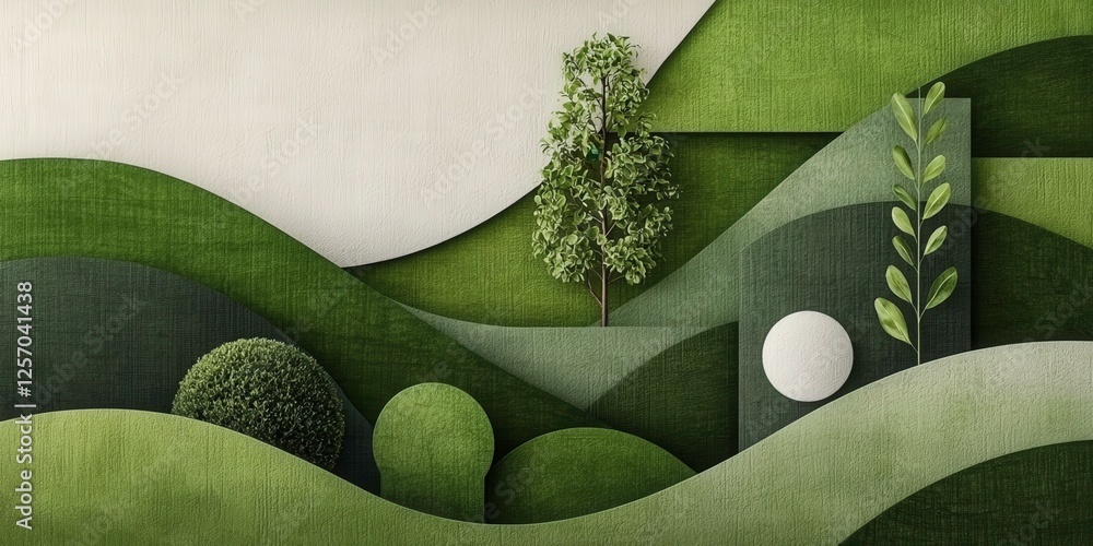 Poster serene abstract landscape features geometric shapes and botanical elements in shades of sage green, 