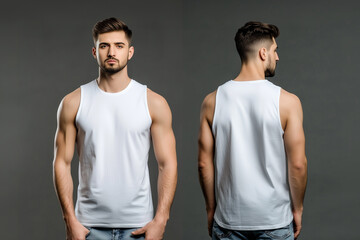 man wearing a white sleeveless t-shirt tank top mockup front and back used as a design template