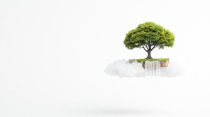 A surreal floating tree on a cloud with a waterfall cascading down, symbolizing nature's beauty