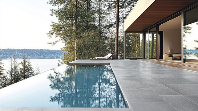 A modern pool deck with non-slip, painted tiles designed for durability.
