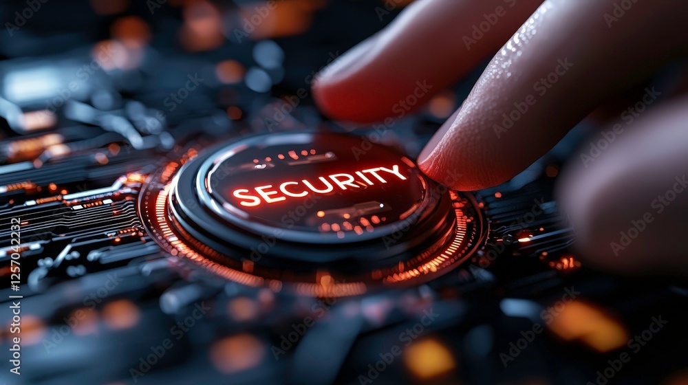 Poster close up of finger pressing glowing 3d button labeled security on circuit board, symbolizing cyberse