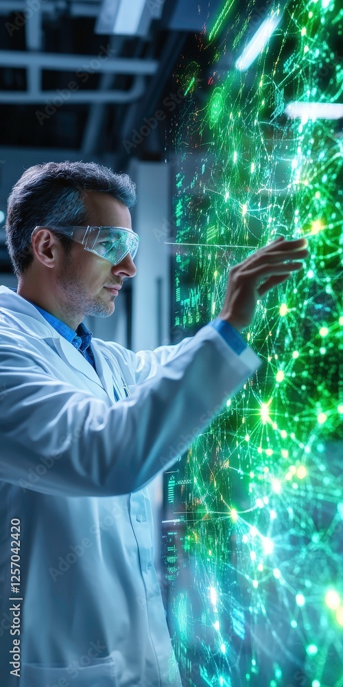 Poster researcher in lab coat interacts with futuristic digital interface, displaying glowing green network