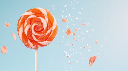 Colorful spiral lollipop with fragments flying against a soft blue background, showcasing sweetness
