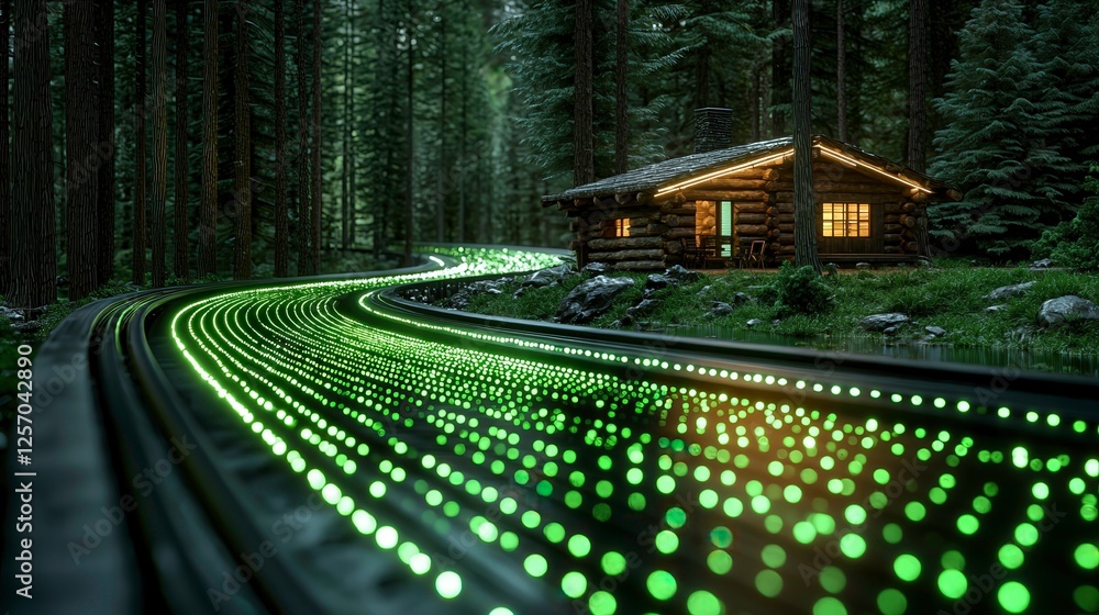 Poster rustic log cabin nestled in lush forested landscape with glowing path leading to it, creating magica