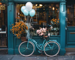 Watercolor flowers and bicycle with a basket of flowers vintage, decorated with a balloon, spring...