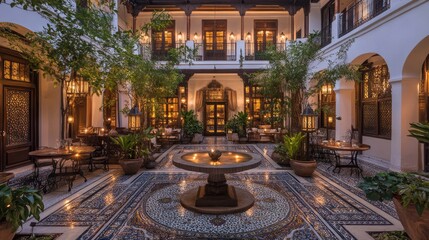 Obraz premium A Moroccan-inspired courtyard with detailed, hand-painted tile flooring.