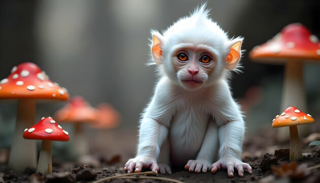 A mesmerizing albino monkey surrounded by vibrant toadstool mushrooms
