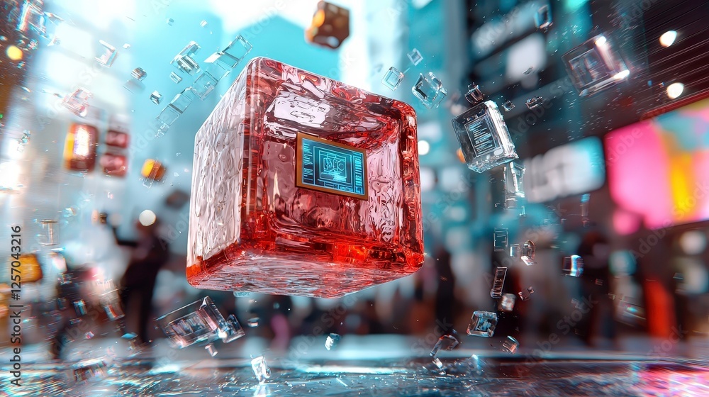 Poster transparent cube with embedded technology floats bustling urban environment, symbolizing innovation 