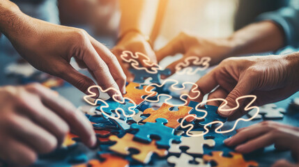Collaborative teamwork with diverse hands assembling colorful puzzle