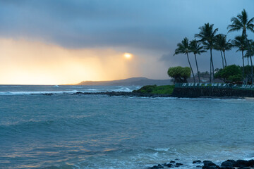 Poipu Beach at Dusk, Kauai, Hawaii - Stunning Ocean View with Palm Trees