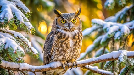 Obraz premium Majestic Owl Perched on Snow-Covered Branch in Winter Forest
