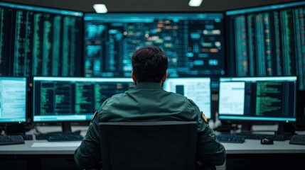 person secure government facility monitors multiple computer screens displaying complex data and algorithms. room is dimly lit, emphasizing focus cybersecurity and data analysis.secure government