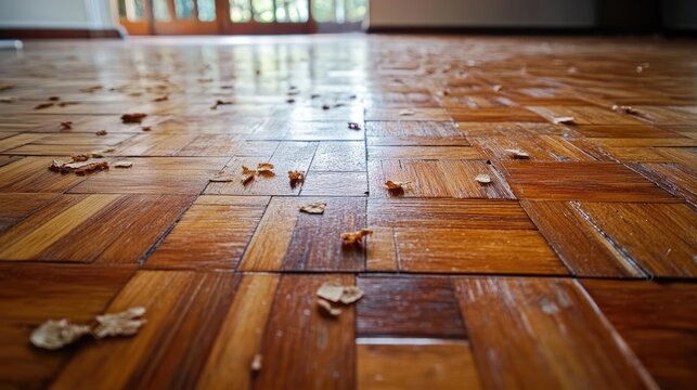 A parquet floor with scattered termite droppings and fine dust along the edges.