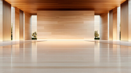 Modern wooden hall, tranquil garden view, reflective floor, serene ambiance