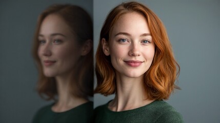 Artistic double exposure portrait of redhead woman. Perfect for personal transformation, mental health, or self-discovery themes.