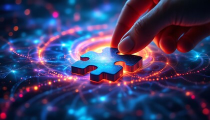 Hand Placing Puzzle Piece on Abstract Glowing Network Solution Concept