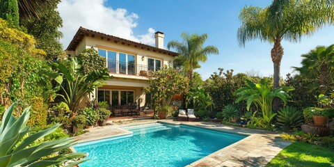 Fototapeta premium A tropical-style house with a lush garden, pool, and palm trees.