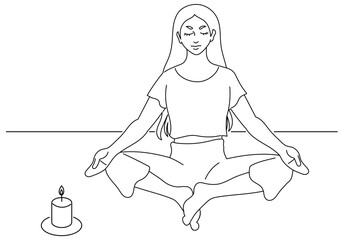 ヨガのあぐら座のポーズで瞑想する女性の線画のベクターイラストレーション