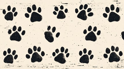 Fototapeta premium Dark paw prints playfully repeat on beige background. AI Generated