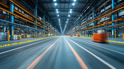 Obraz premium Large industrial warehouse with organized shelving and moving vehicles