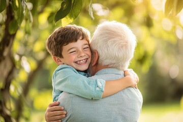 Fototapeta premium Young boy embracing his grandfather in a warm family moment of love and connection