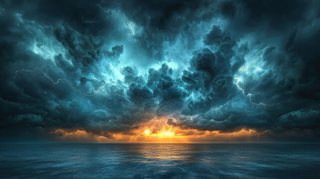 dramatic photograph of dark storm rolling over ocean, showcasing vibrant colors and intense cloud formations