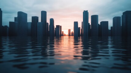 Fototapeta premium Stunning city skyline reflecting in calm water at sunset, showcasing modern architecture under a dramatic sky.