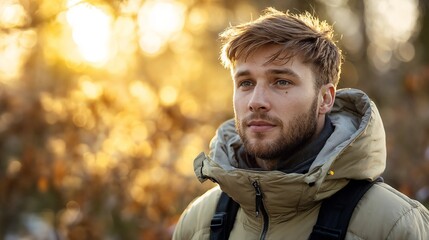 Young man in winter puffer jacket against autumn foliage. Perfect for outdoor lifestyle, casual fashion, or urban adventure content.