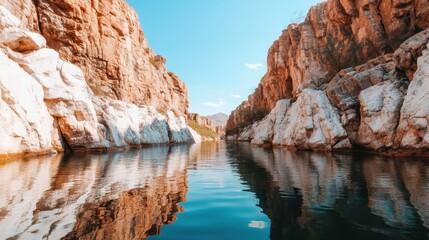 Fototapeta premium Stunning view of a serene canyon landscape with clear water reflecting majestic rock formations under a bright sky.