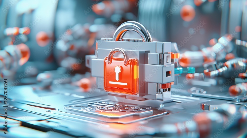 Poster glowing quantum lock in digital environment with cryptography key