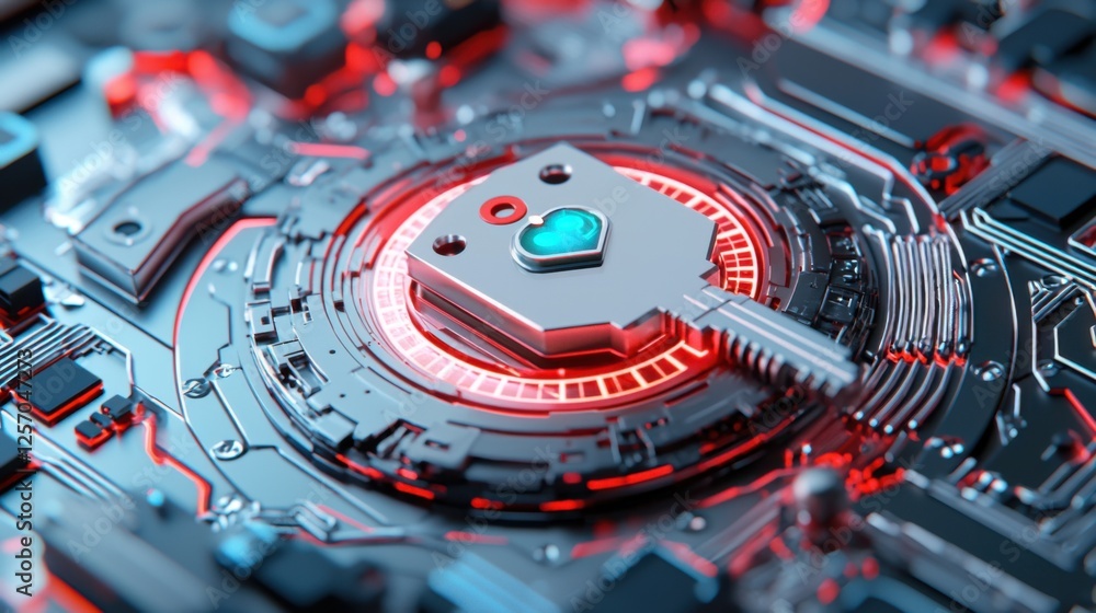 Poster glowing quantum key design with cryptographic elements and technology