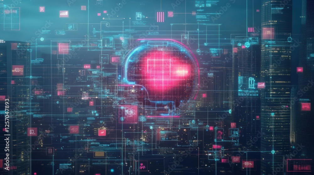 Poster Futuristic city skyline featuring a large red sphere in the center surrounded by modern architecture and technology