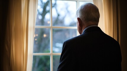 Senior man in silhouette by window. Ideal for retirement planning, life reflection, or senior lifestyle themes.