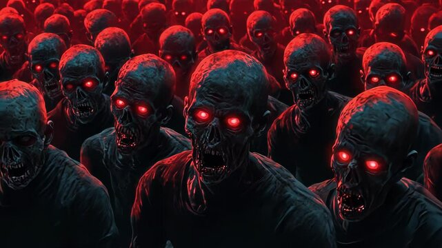 A terrifying crowd of glowing-eyed zombies in an ominous setting.