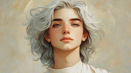 Serene Portrait Soft Light White Hair Youth. AI Generated